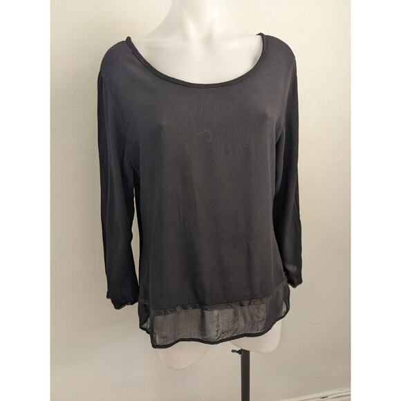 Christine Damen Size Small Sheer Hem Shirt Blouse Black 100% Rayon Long Sleeves - Picture 4 of 11